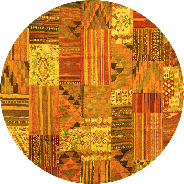 Round Machine Washable Patchwork Yellow Transitional Rug, wshcon1667yw