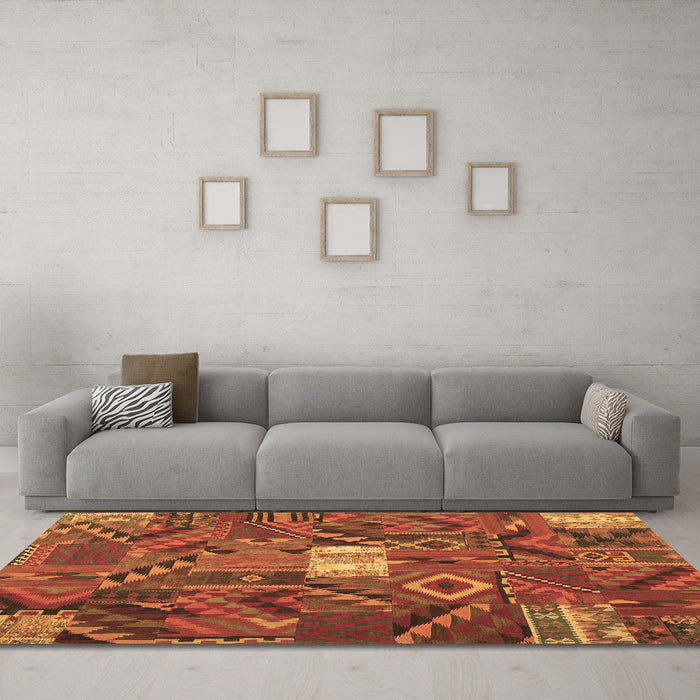 Machine Washable Patchwork Brown Transitional Rug in a Living Room,, wshcon1668brn
