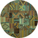 Round Machine Washable Patchwork Turquoise Transitional Area Rugs, wshcon1670turq