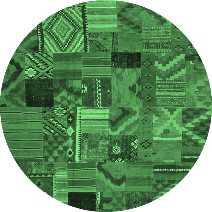 Round Machine Washable Patchwork Emerald Green Transitional Area Rugs, wshcon1670emgrn