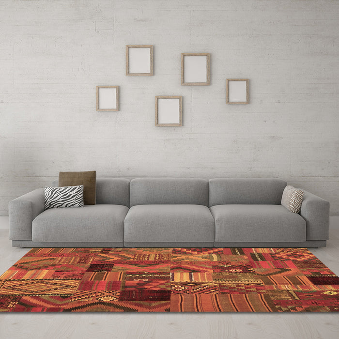 Machine Washable Patchwork Brown Transitional Rug in a Living Room,, wshcon1670brn