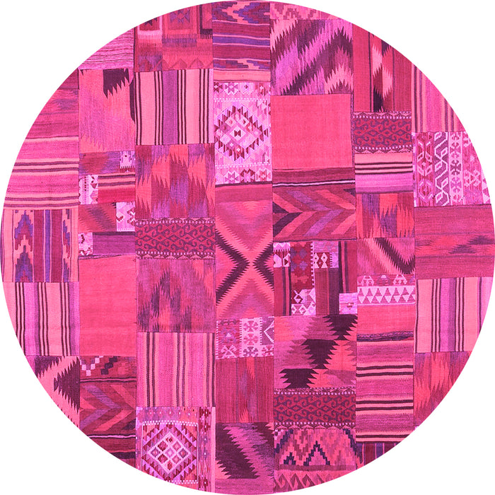 Round Machine Washable Patchwork Pink Transitional Rug, wshcon1671pnk