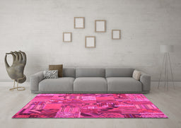 Machine Washable Patchwork Pink Transitional Rug in a Living Room, wshcon1671pnk