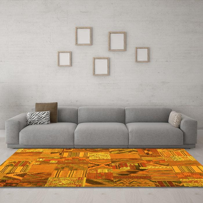 Machine Washable Patchwork Yellow Transitional Rug in a Living Room, wshcon1671yw