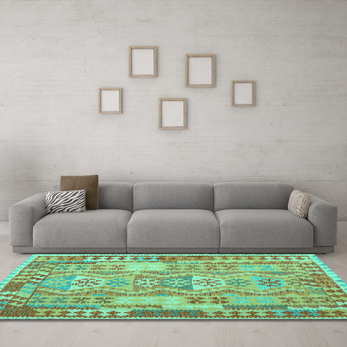 Machine Washable Abstract Turquoise Contemporary Area Rugs in a Living Room,, wshcon1672turq