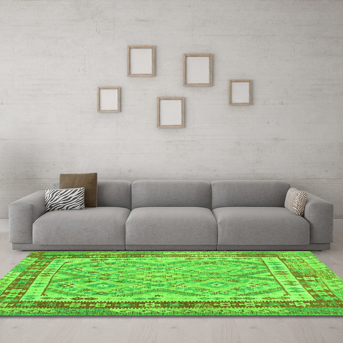 Machine Washable Southwestern Green Country Area Rugs in a Living Room,, wshcon1677grn