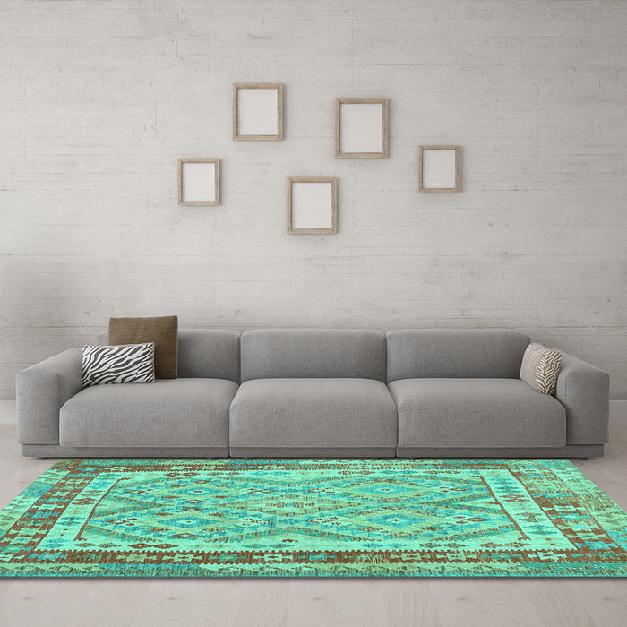 Machine Washable Southwestern Turquoise Country Area Rugs in a Living Room,, wshcon1677turq