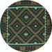 Round Machine Washable Oriental Turquoise Traditional Area Rugs, wshcon1681turq