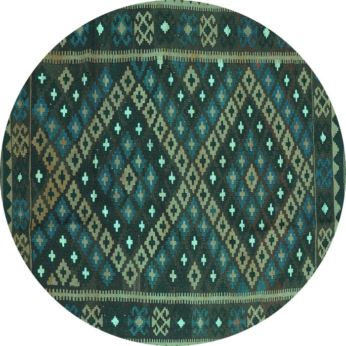 Round Machine Washable Southwestern Turquoise Country Area Rugs, wshcon1686turq