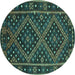 Round Machine Washable Southwestern Turquoise Country Area Rugs, wshcon1686turq