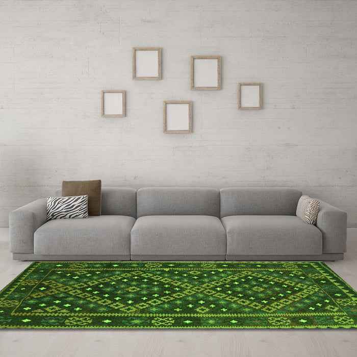 Machine Washable Southwestern Green Country Area Rugs in a Living Room,, wshcon1686grn
