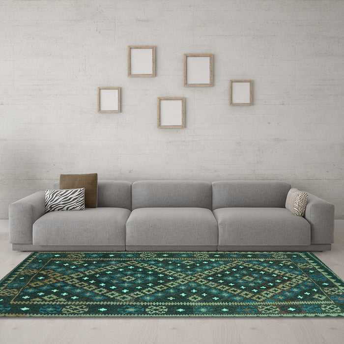 Machine Washable Southwestern Turquoise Country Area Rugs in a Living Room,, wshcon1686turq