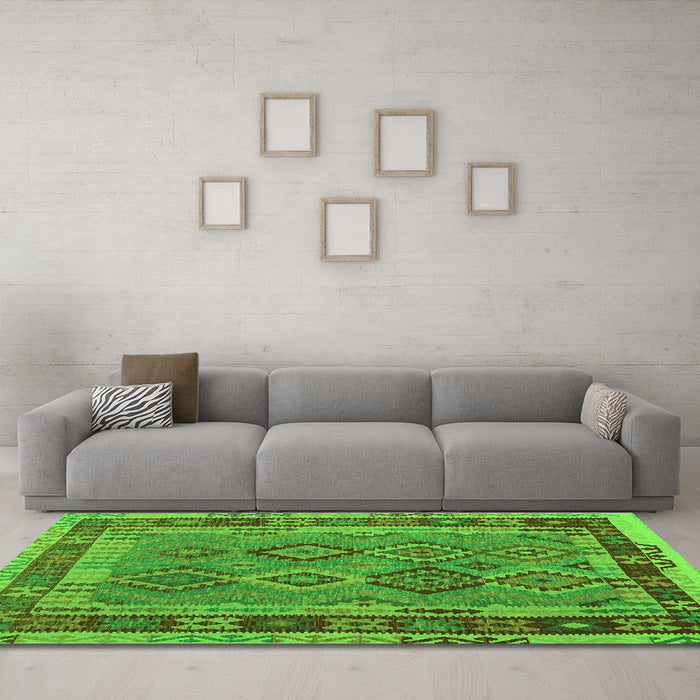 Machine Washable Southwestern Green Country Area Rugs in a Living Room,, wshcon1689grn