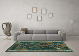 Machine Washable Oriental Turquoise Traditional Area Rugs in a Living Room,, wshcon1691turq
