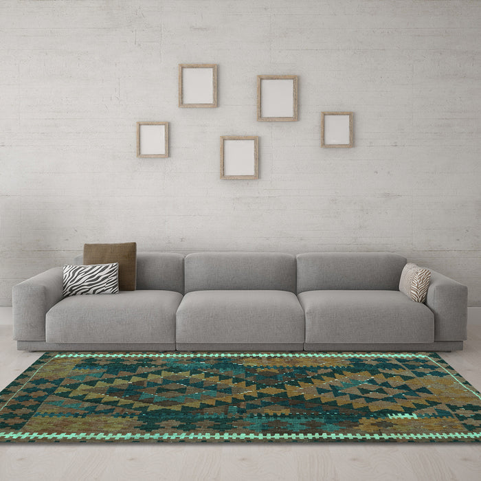 Machine Washable Oriental Turquoise Traditional Area Rugs in a Living Room,, wshcon1691turq