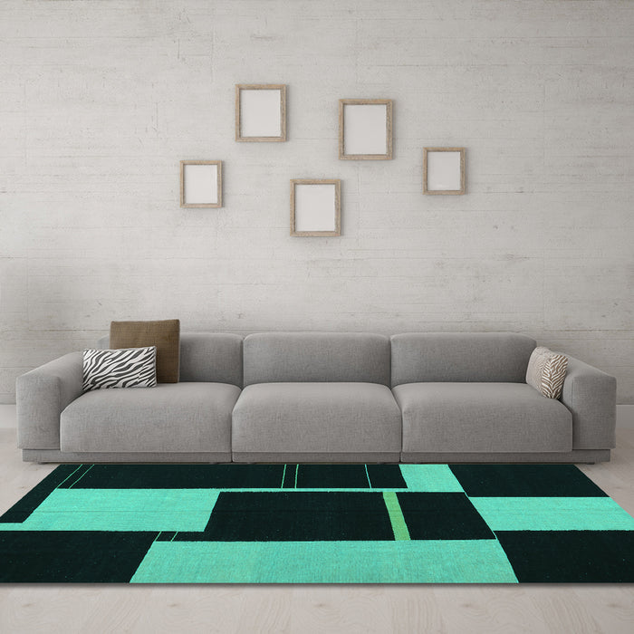 Machine Washable Abstract Turquoise Contemporary Area Rugs in a Living Room,, wshcon1699turq