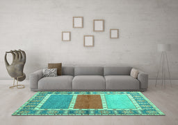 Machine Washable Southwestern Turquoise Country Area Rugs in a Living Room,, wshcon1714turq