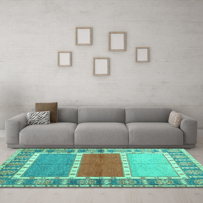 Machine Washable Southwestern Turquoise Country Area Rugs in a Living Room,, wshcon1714turq