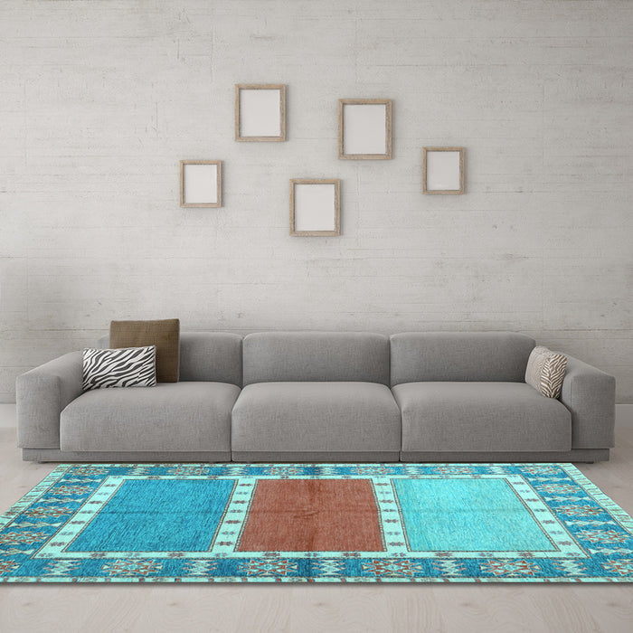 Machine Washable Southwestern Light Blue Country Rug in a Living Room, wshcon1714lblu