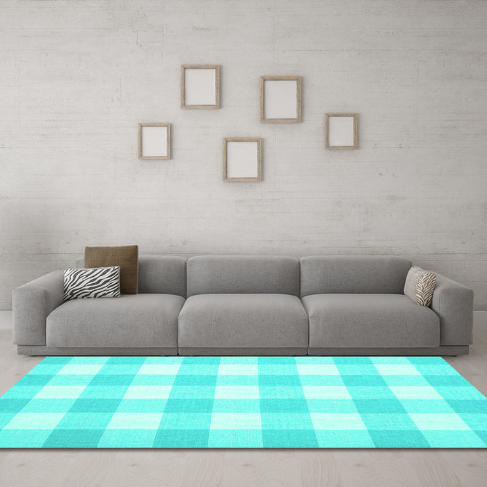 Machine Washable Checkered Turquoise Modern Area Rugs in a Living Room,, wshcon1723turq