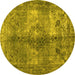 Round Machine Washable Abstract Yellow Contemporary Rug, wshcon1731yw