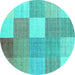 Round Machine Washable Checkered Turquoise Modern Area Rugs, wshcon1801turq