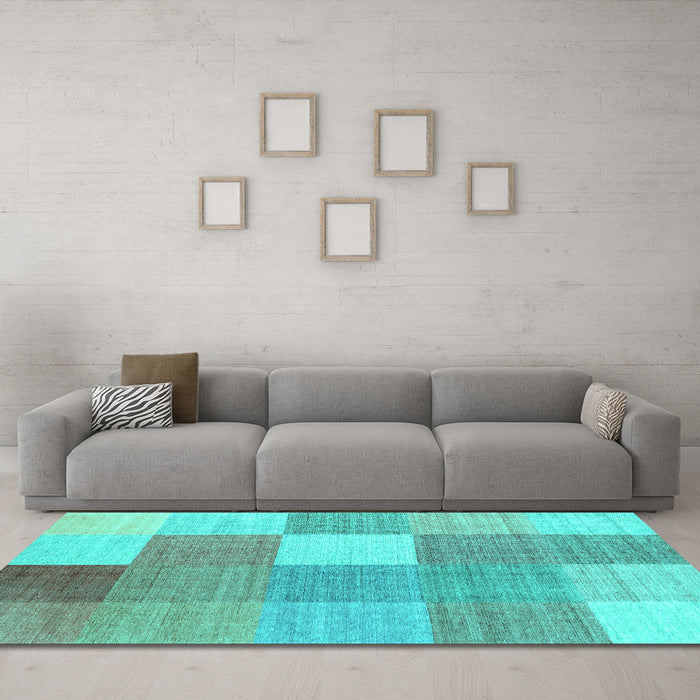 Machine Washable Checkered Turquoise Modern Area Rugs in a Living Room,, wshcon1801turq