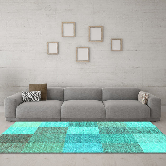 Machine Washable Checkered Turquoise Modern Area Rugs in a Living Room,, wshcon1802turq