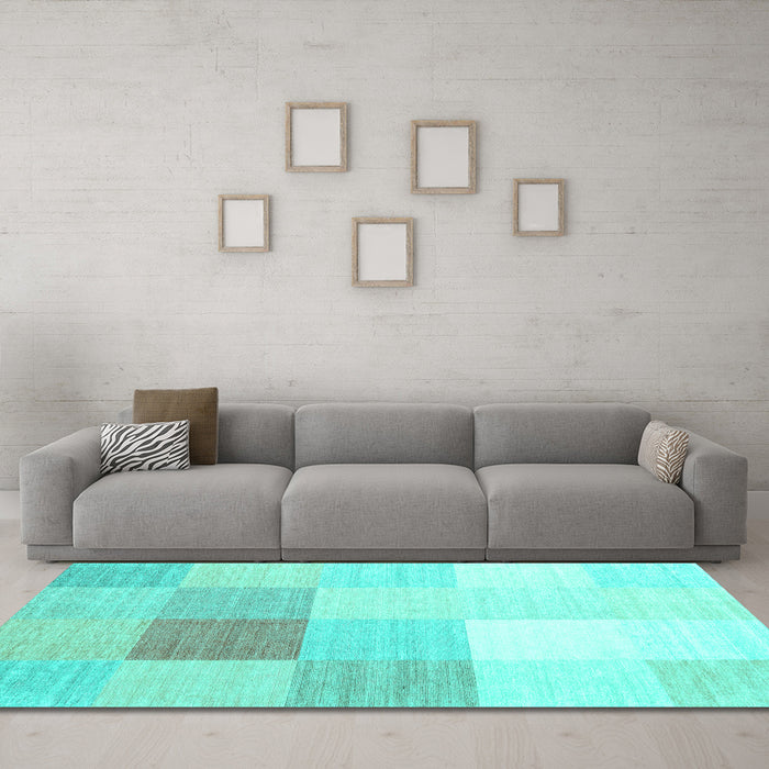 Machine Washable Abstract Turquoise Contemporary Area Rugs in a Living Room,, wshcon1803turq
