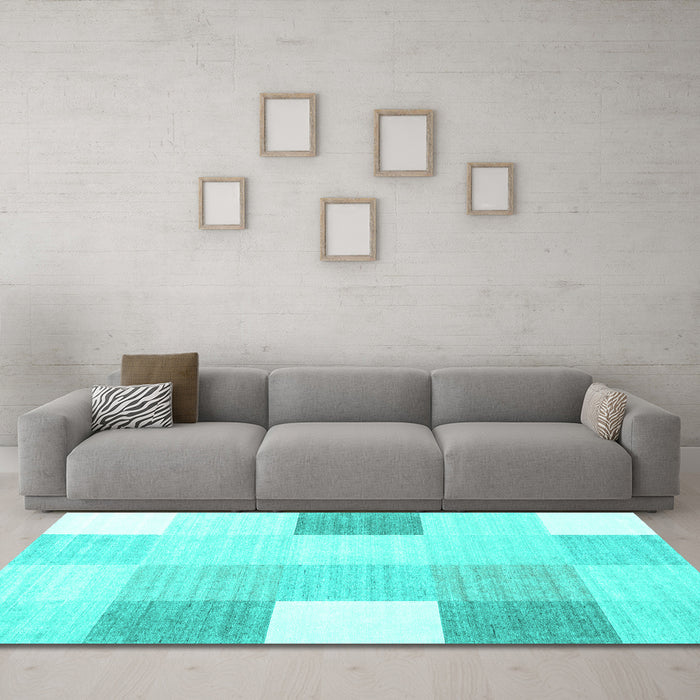Machine Washable Checkered Turquoise Modern Area Rugs in a Living Room,, wshcon1805turq