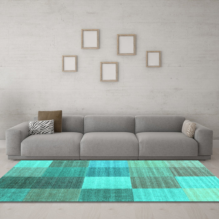 Machine Washable Checkered Turquoise Modern Area Rugs in a Living Room,, wshcon1806turq