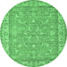 Round Machine Washable Abstract Emerald Green Contemporary Area Rugs, wshcon180emgrn