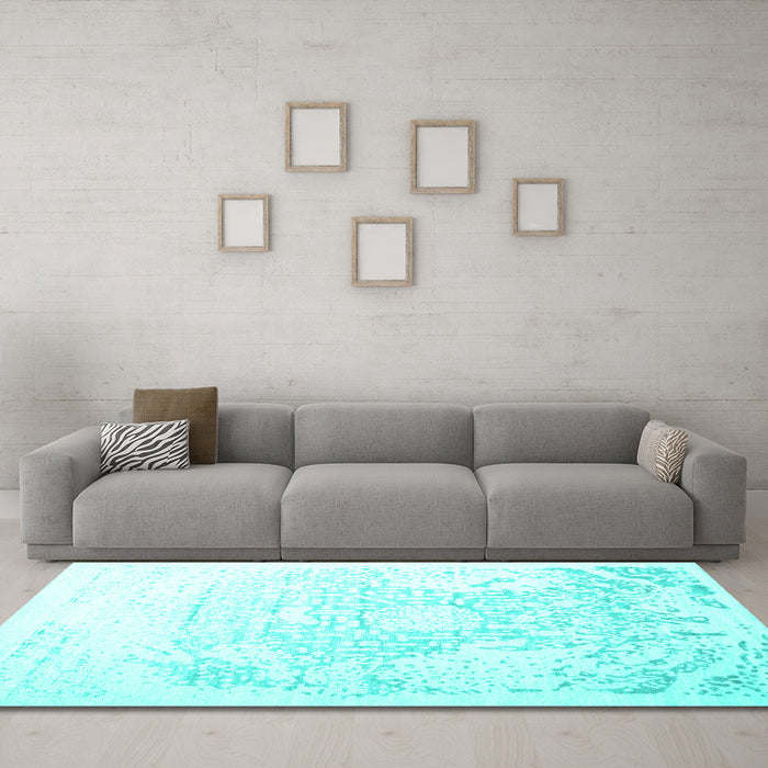 Machine Washable Abstract Turquoise Contemporary Area Rugs in a Living Room,, wshcon1812turq