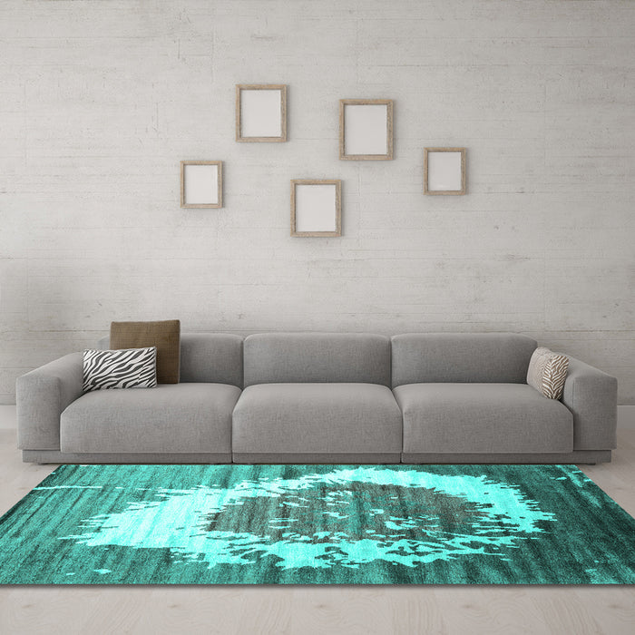 Machine Washable Abstract Turquoise Contemporary Area Rugs in a Living Room,, wshcon1814turq