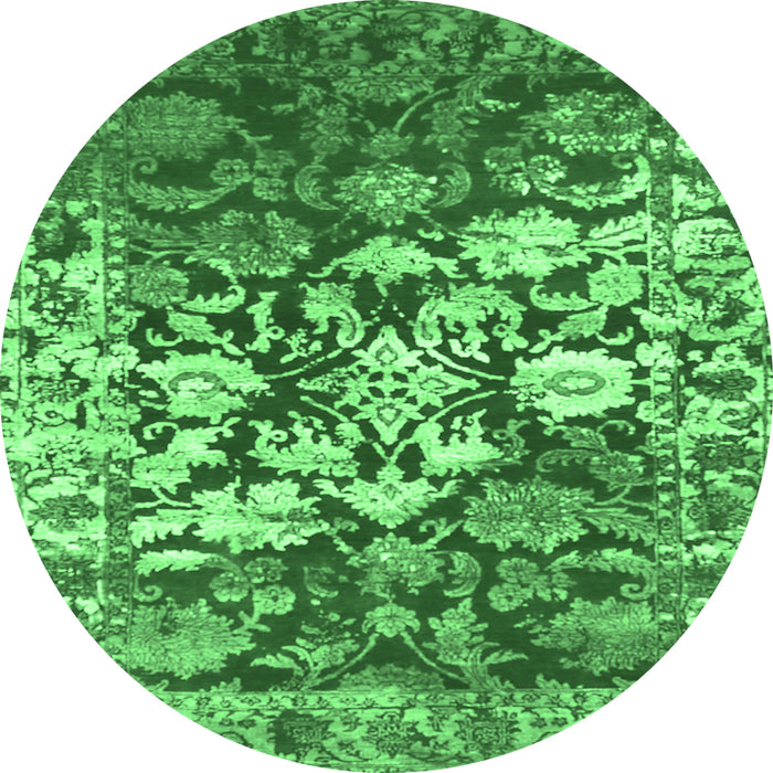 Round Machine Washable Abstract Emerald Green Contemporary Area Rugs, wshcon1819emgrn