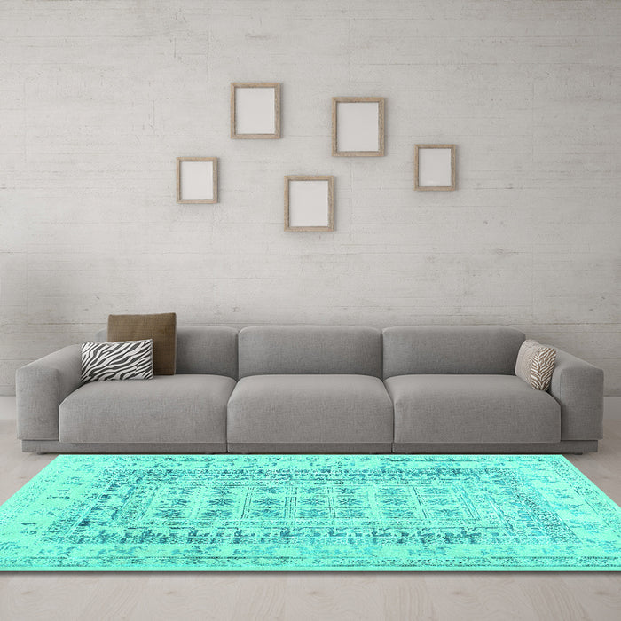 Machine Washable Abstract Turquoise Contemporary Area Rugs in a Living Room,, wshcon1824turq