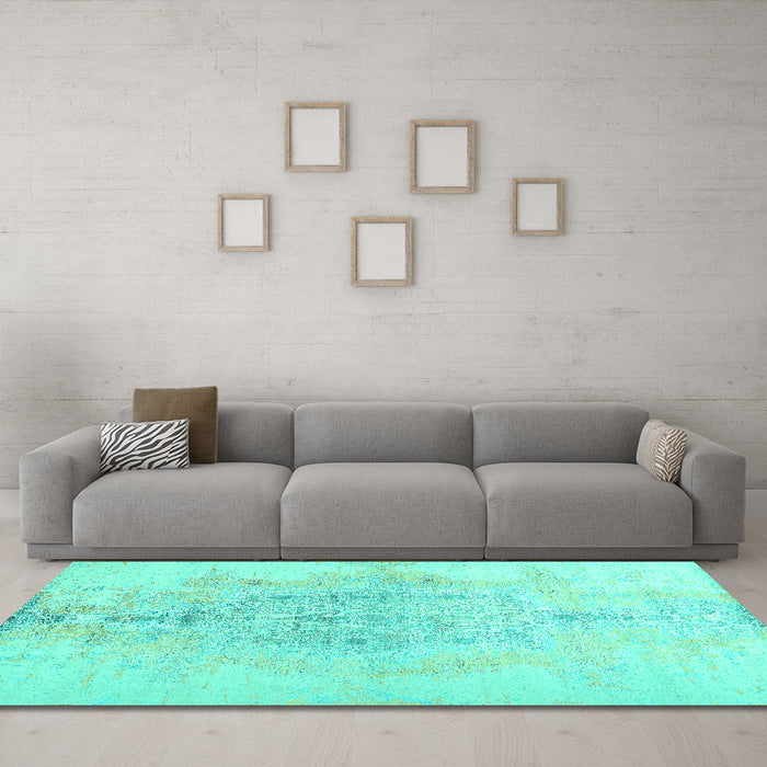 Machine Washable Abstract Turquoise Contemporary Area Rugs in a Living Room,, wshcon1825turq
