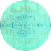 Round Machine Washable Abstract Turquoise Contemporary Area Rugs, wshcon1825turq