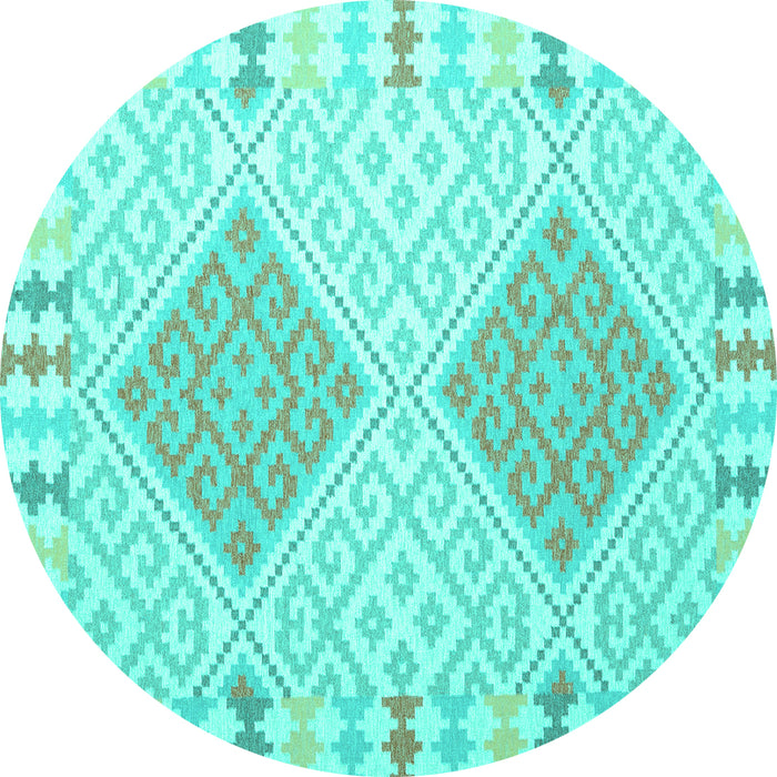 Round Machine Washable Southwestern Turquoise Country Area Rugs, wshcon1831turq
