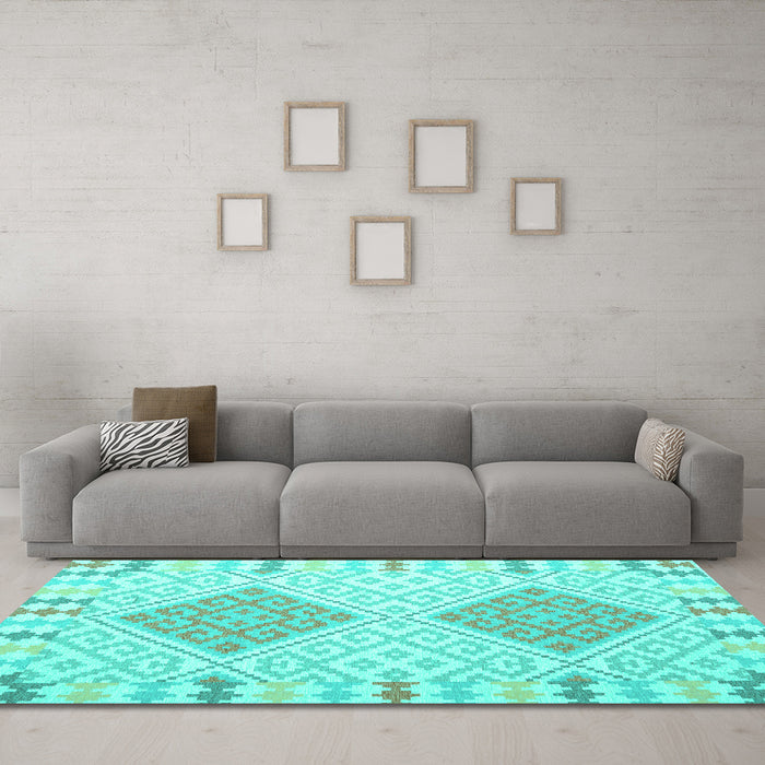 Machine Washable Southwestern Turquoise Country Area Rugs in a Living Room,, wshcon1831turq