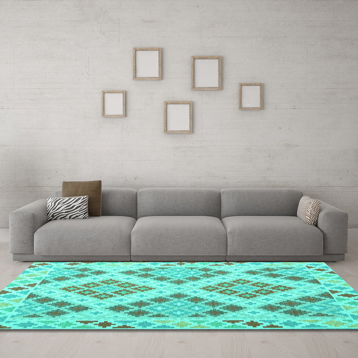 Machine Washable Southwestern Turquoise Country Area Rugs in a Living Room,, wshcon1832turq