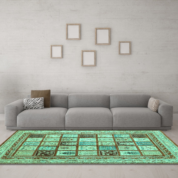 Machine Washable Abstract Turquoise Contemporary Area Rugs in a Living Room,, wshcon1833turq