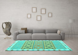 Machine Washable Southwestern Turquoise Country Area Rugs in a Living Room,, wshcon1834turq