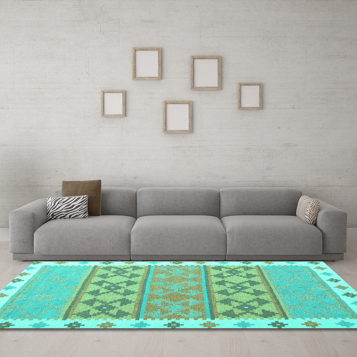 Machine Washable Southwestern Turquoise Country Area Rugs in a Living Room,, wshcon1834turq