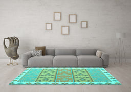 Machine Washable Southwestern Turquoise Country Area Rugs in a Living Room,, wshcon1836turq