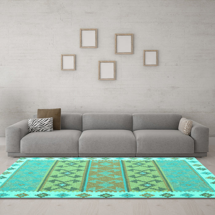 Machine Washable Southwestern Turquoise Country Area Rugs in a Living Room,, wshcon1836turq