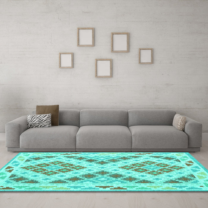 Machine Washable Southwestern Turquoise Country Area Rugs in a Living Room,, wshcon1850turq