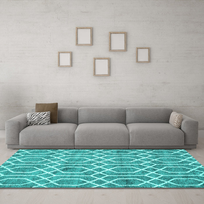 Machine Washable Trellis Turquoise Modern Area Rugs in a Living Room,, wshcon1864turq
