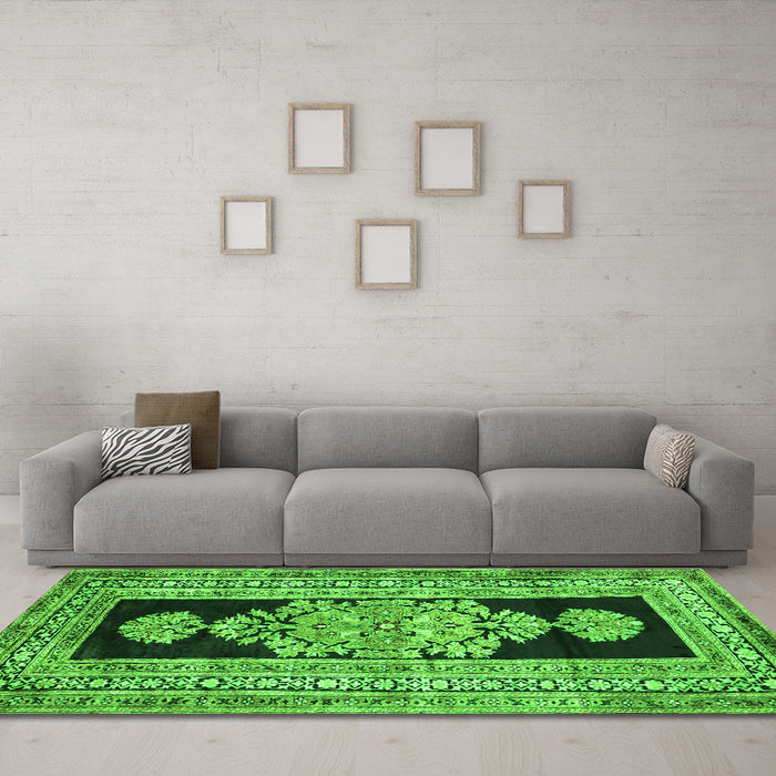 Machine Washable Abstract Green Contemporary Area Rugs in a Living Room,, wshcon1868grn