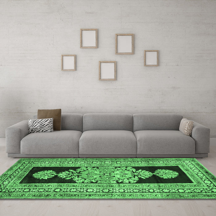 Machine Washable Abstract Emerald Green Contemporary Area Rugs in a Living Room,, wshcon1868emgrn